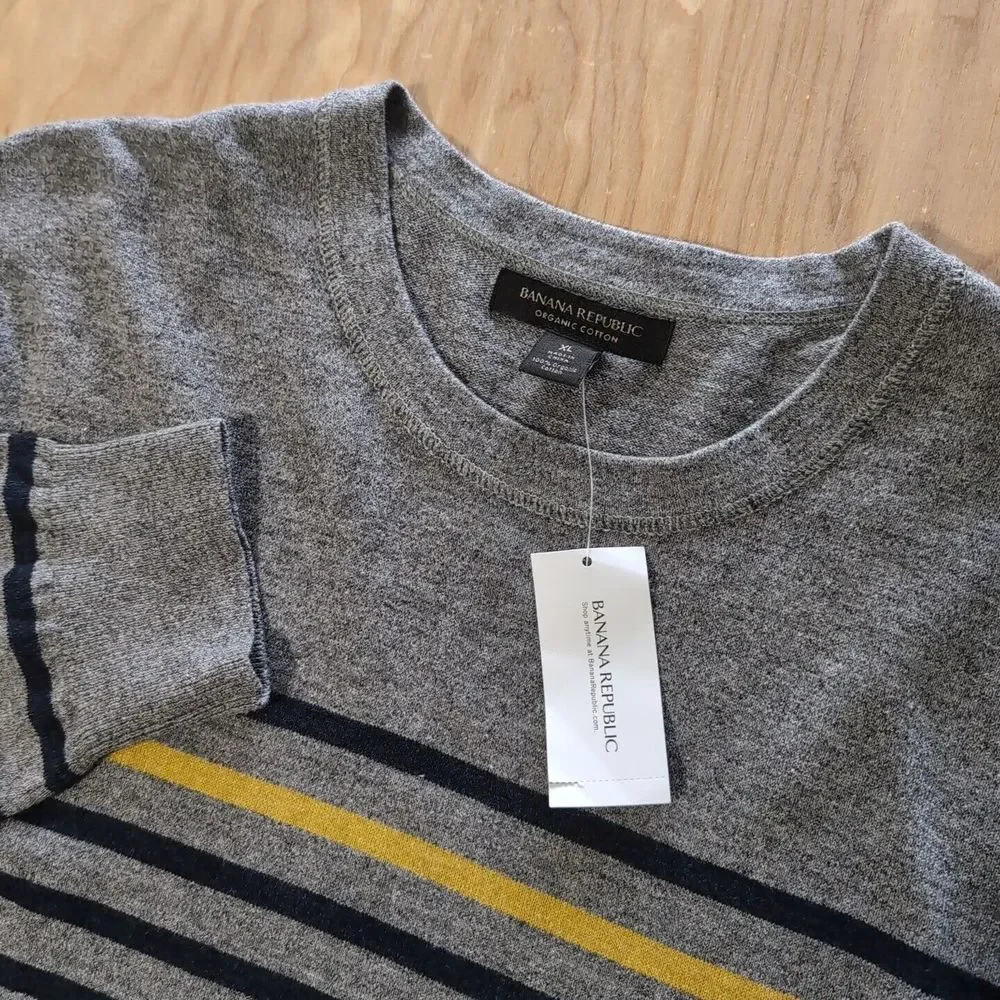 NEW 2‎ Pack Banana Republic Organic Cotton Stretch Crew Sweater XL Blue Stripes